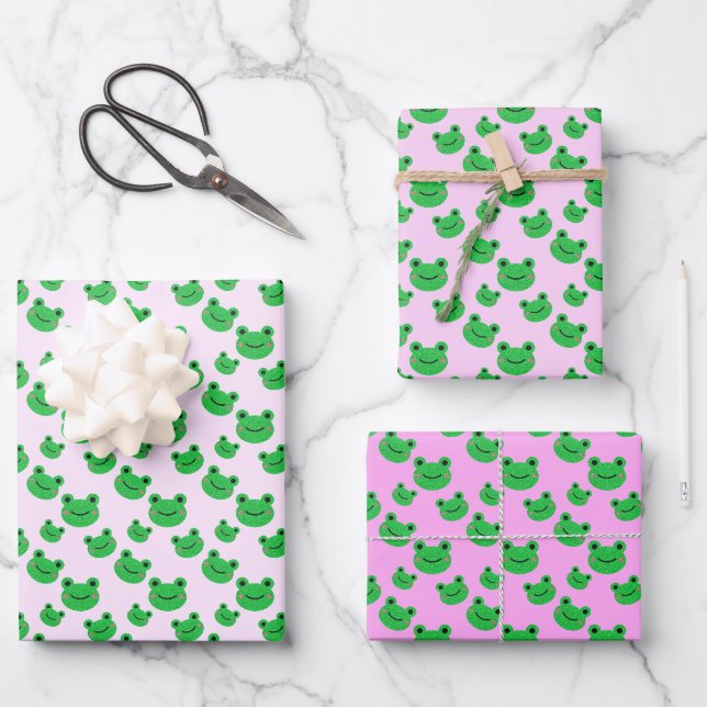 Feuille De Papier Cadeau Grenouille verte Motif rose (Recto)