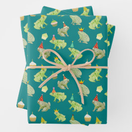 Feuille De Papier Cadeau Grenouilles D'Anniversaire Drôle Mains Illustrées 