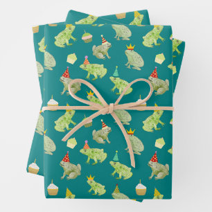 Feuille De Papier Cadeau Grenouilles D'Anniversaire Drôle Mains Illustrées 