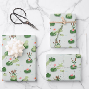 Feuille De Papier Cadeau Grenouilles mignonnes dans un étang de nénuphars