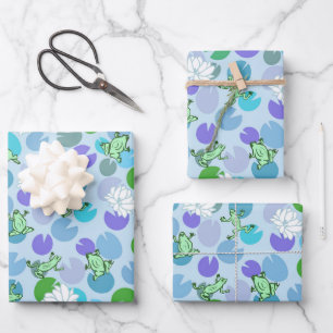 Feuille De Papier Cadeau Grenouilles vertes blanches et coussinets de lys s