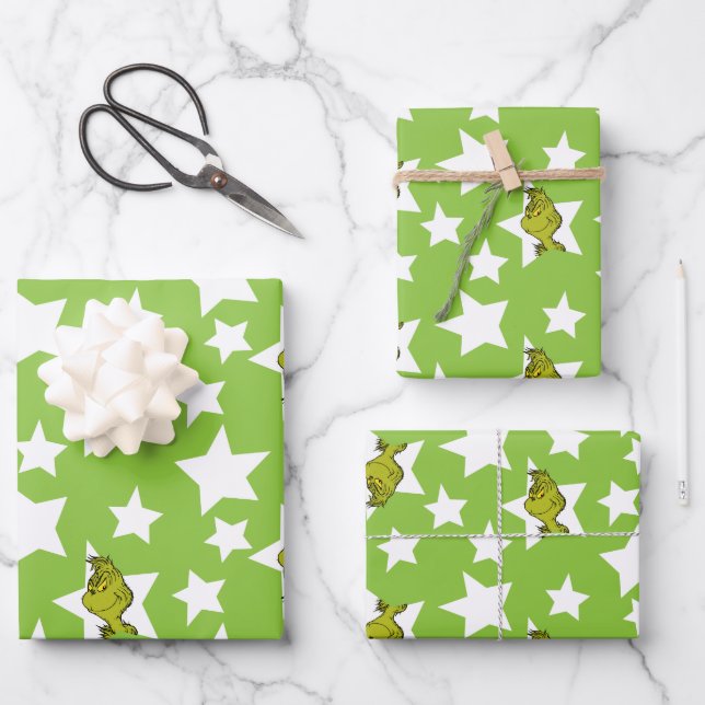 Feuille De Papier Cadeau Grinch Peeking Star Pattern (Recto)