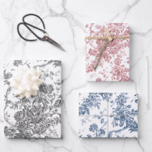 Feuille De Papier Cadeau Gris De Toile Florale, Rose, Bleu