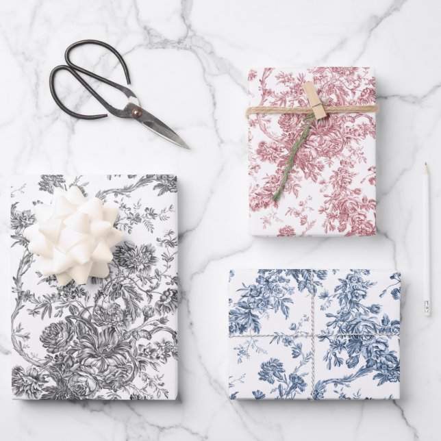 Feuille De Papier Cadeau Gris De Toile Florale, Rose, Bleu (Recto)