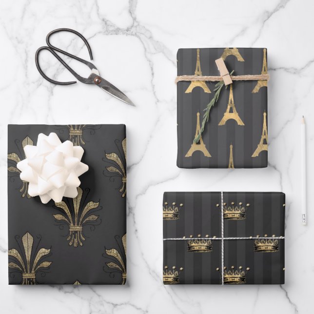 Feuille De Papier Cadeau Gris et or Paris (Recto)