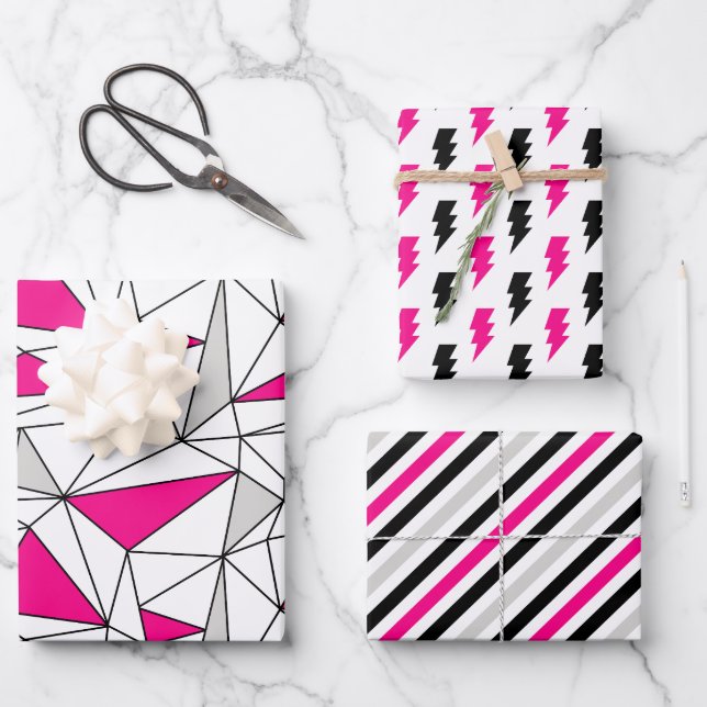 Feuille De Papier Cadeau Gris Rose Géométrie Flash Rayures (Recto)
