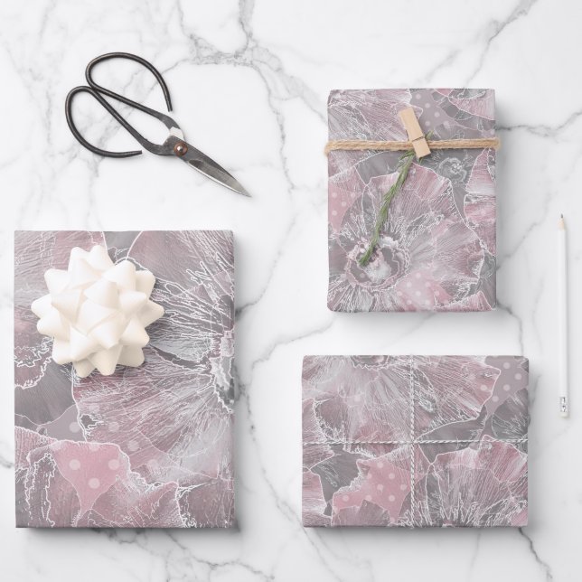 Feuille De Papier Cadeau Gris rose, grandes fleurs design (Recto)