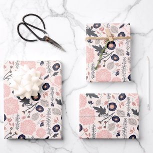 Feuille De Papier Cadeau Gris rose Noir Botanique Motif Floral
