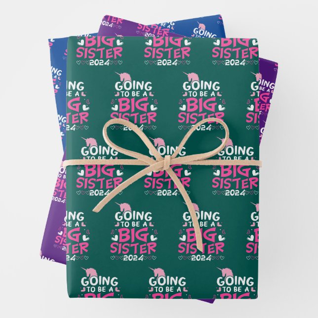 Feuille De Papier Cadeau Grosse soeur Coeurs Unicorne 2024 (En situation)