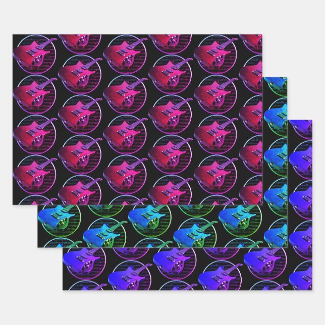 Feuille De Papier Cadeau Guitares électriques Retro Neon (Lot)