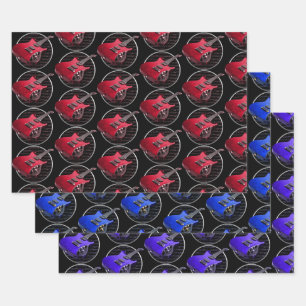 Feuille De Papier Cadeau Guitares électriques rouge bleu et violet