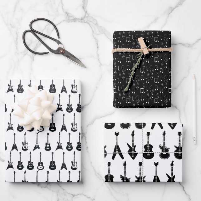 Feuille De Papier Cadeau Guitares noir et blanc (Recto)