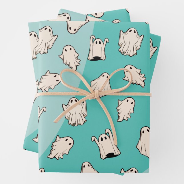 Feuille De Papier Cadeau Halloween bleu Fantômes rétro (En situation)