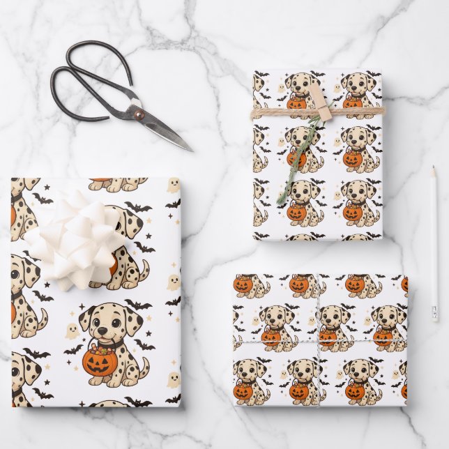Feuille De Papier Cadeau Halloween Chien Dalmatien Trick ou traitement (Recto)
