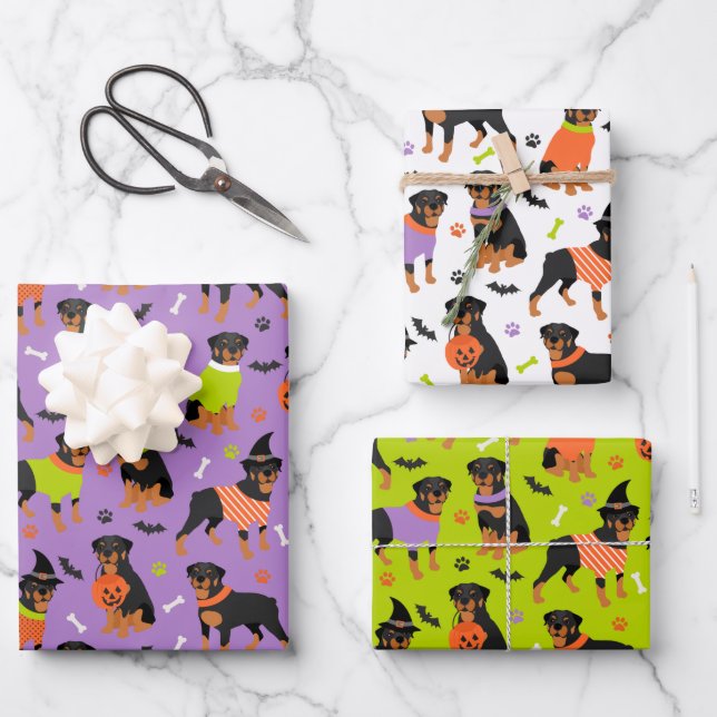 Feuille De Papier Cadeau Halloween Chien Rottweiler (Recto)