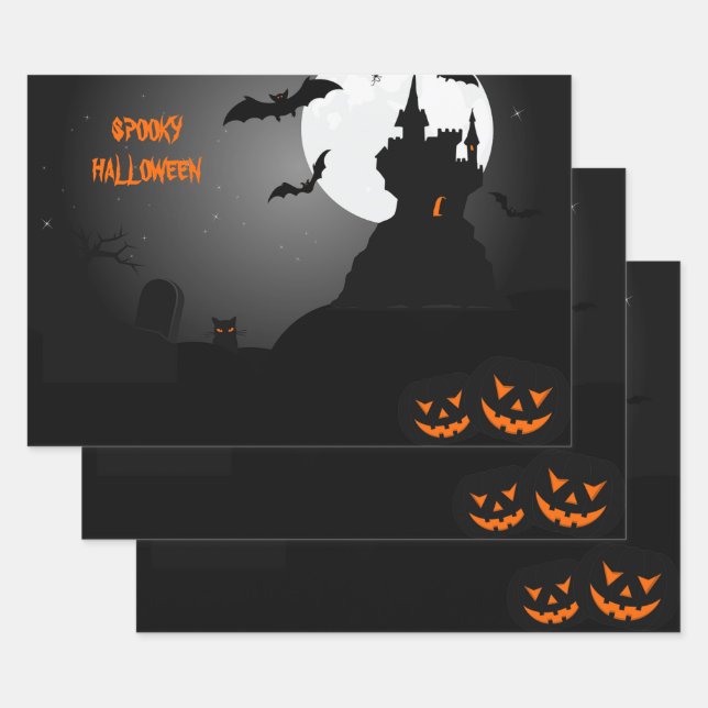 Feuille De Papier Cadeau Halloween citrouille et chauves-souris (Lot)