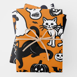 Feuille De Papier Cadeau Halloween Citrouille Fête Fantôme Chat Noir Crâne