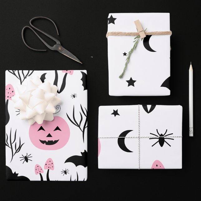 Feuille De Papier Cadeau Halloween Citrouille rose Bat Moon Star Spider Par (Créateur téléchargé)
