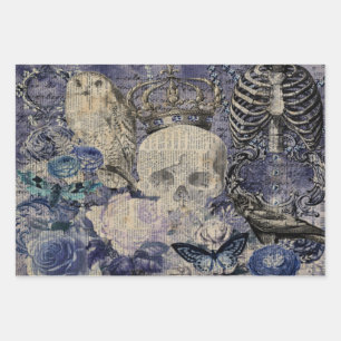 Feuille De Papier Cadeau Halloween Crâne avec couronne et hibou