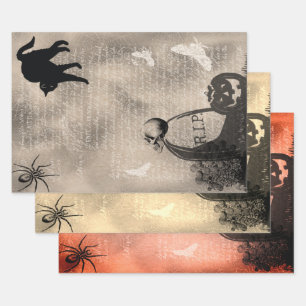 Feuille De Papier Cadeau Halloween crâne sur pierre tombale et chat noir