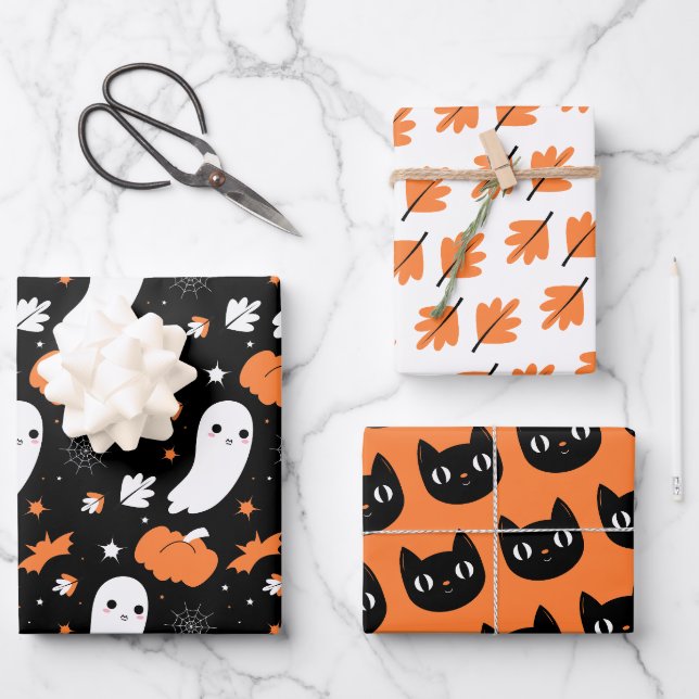 Feuille De Papier Cadeau Halloween Fantôme, Chat, Chute Éffrayante (Recto)