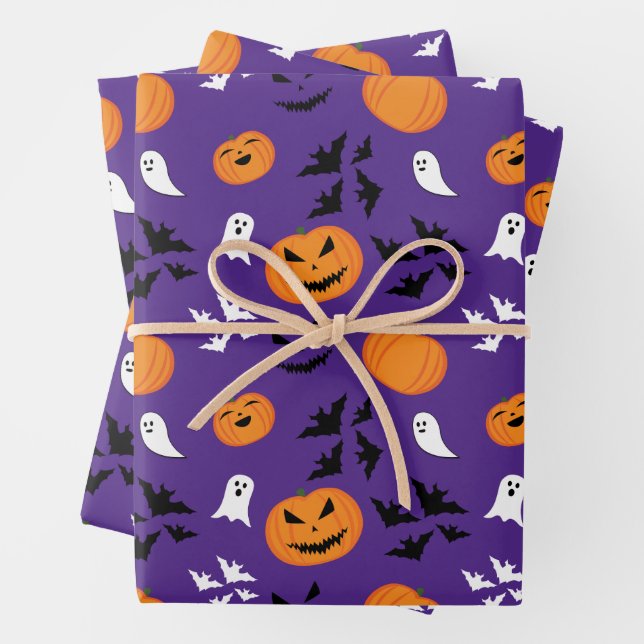 Feuille De Papier Cadeau Halloween fantômes citrouille chauves-souris amusa (En situation)
