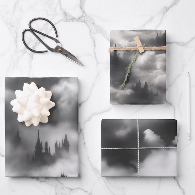 Feuille De Papier Cadeau Halloween gothique Noir Château Nuages Cadeau (Recto)