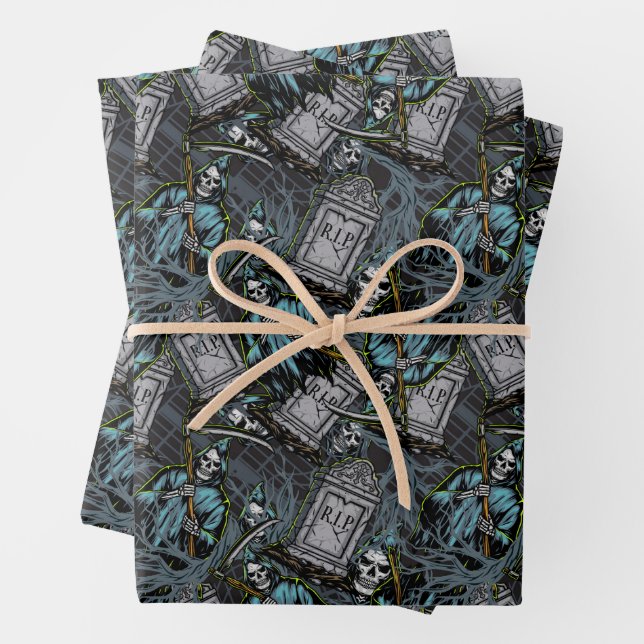 Feuille De Papier Cadeau Halloween Grim Reaper Grave Pierres (En situation)