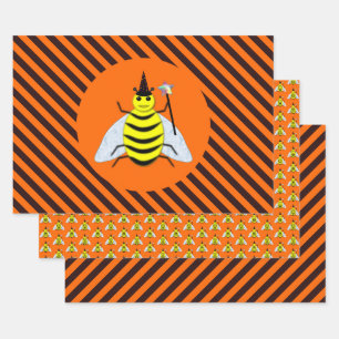 Feuille De Papier Cadeau Halloween Magic Bee Witch Orange et Black Stripes