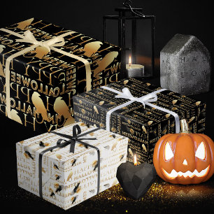 Feuille De Papier Cadeau Halloween moderne Noir Blanc Et Or Chic Adulte Adu