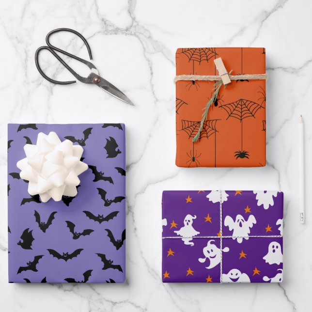 Feuille De Papier Cadeau Halloween Motif fantôme Citrouilles Spider Web (Recto)