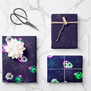 Feuille De Papier Cadeau Halloween Neon rose et vert crâne brillant