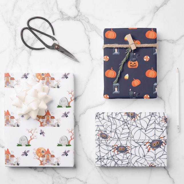 Feuille De Papier Cadeau Halloween noir Citrouille orange araignée grave (Recto)