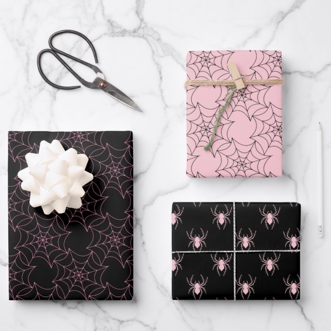 Feuille De Papier Cadeau Halloween rose et noir (Recto)