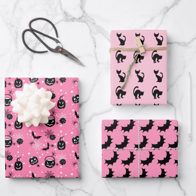 Feuille De Papier Cadeau Halloween rose et noir assortis (Recto)