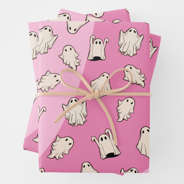 Feuille De Papier Cadeau Halloween rose Fantômes rétro (En situation)