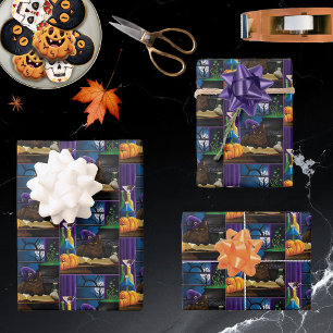 Feuille De Papier Cadeau Halloween sorcière chat violet magie