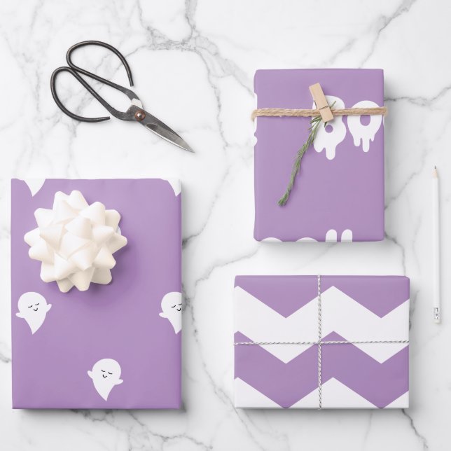 Feuille De Papier Cadeau Halloween tendance mignonne Pastel Purple Boo Ghos (Recto)