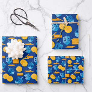 Feuille De Papier Cadeau Hanoukka Dreidel Game Gelt Bleu foncé