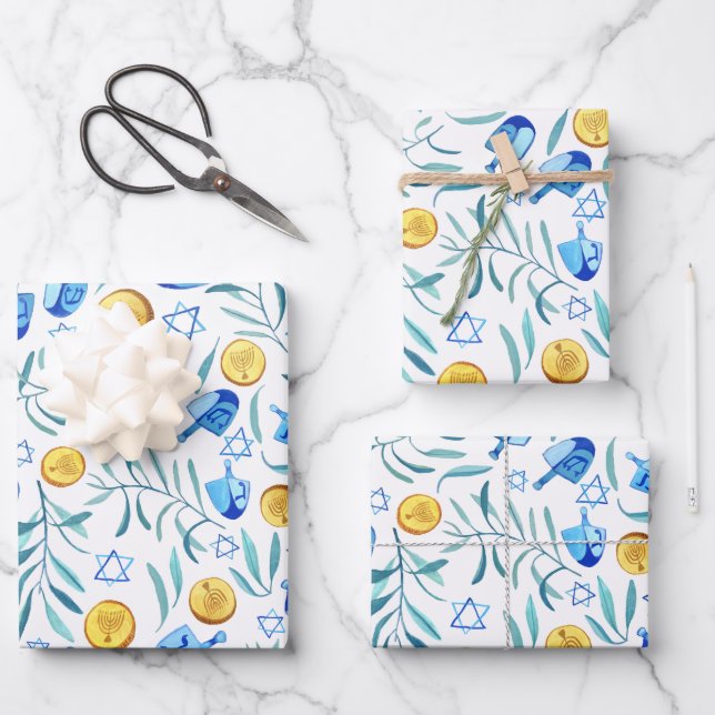 Feuille De Papier Cadeau Hanoukka Dreidel Juif Motif aquarelle (Recto)