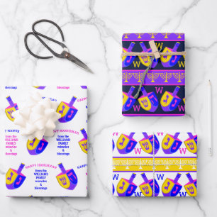 Feuille De Papier Cadeau Hanoukka Dreidels : Un monogramme coloré
