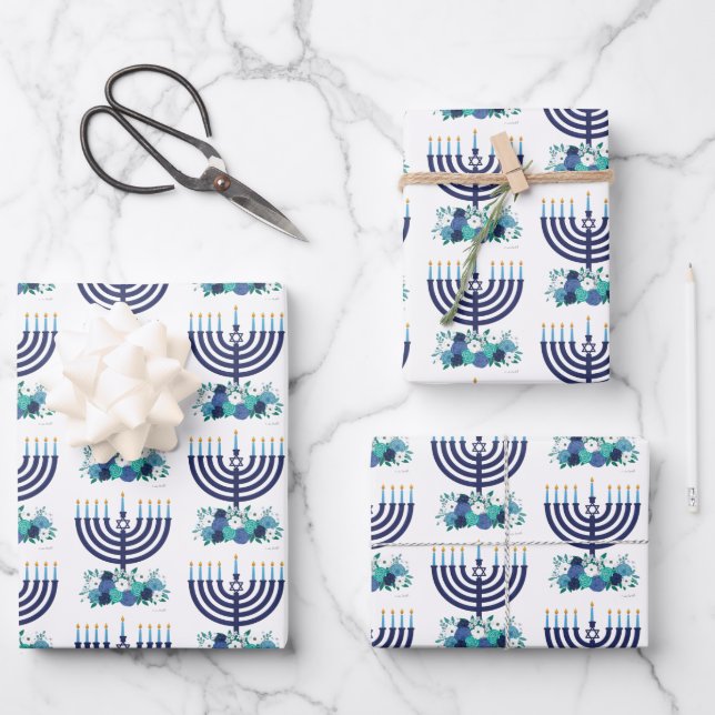 Feuille De Papier Cadeau Hanoukka Floral Menorah Fleurs de mariage (Recto)