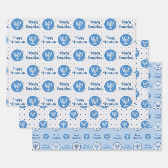 Feuille De Papier Cadeau Hanoukka Menorah Pois bleu et gris (Lot)