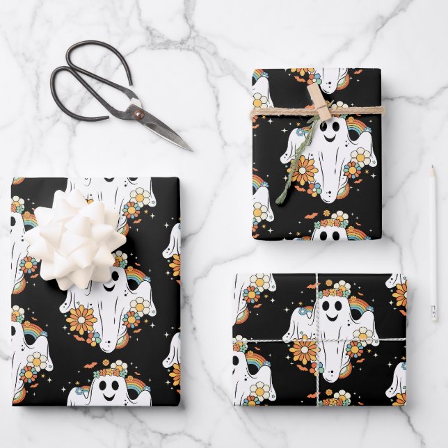 Feuille De Papier Cadeau Happy Ghost Retro Hippie Motif (Recto)
