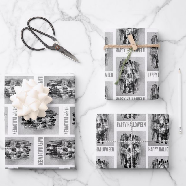 Feuille De Papier Cadeau Happy Halloween. Distressed skull (Recto)