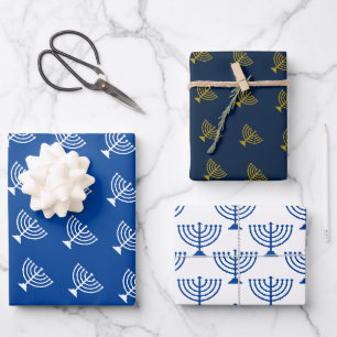 Feuille De Papier Cadeau Happy Hannukah porte-bougie bleu motif
