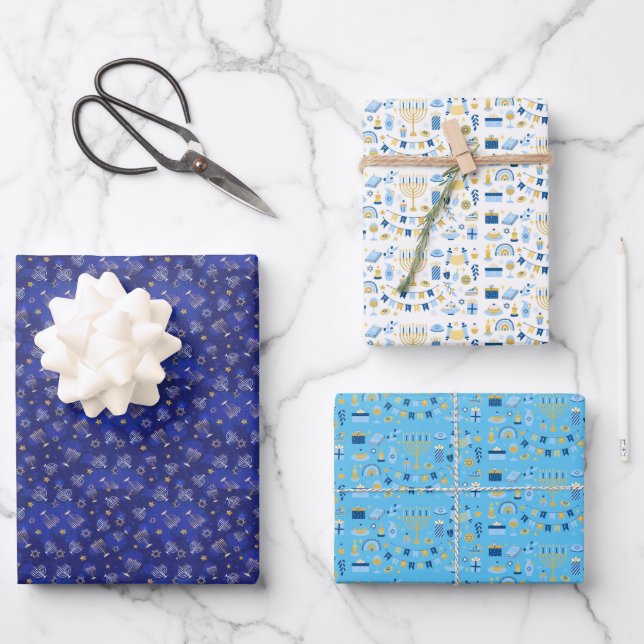 Feuille De Papier Cadeau Happy Hanoukka Wrapping Paper 3 Pack (Recto)
