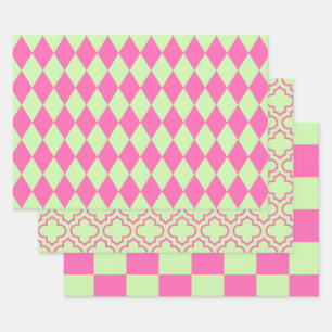 Feuille De Papier Cadeau Harlequin Marocain Damier DIY Couleurs Céleri Rose