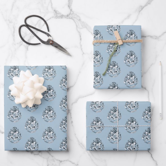 Feuille De Papier Cadeau Harry Potter | Cimier de Poudlard - Bleu (Recto)