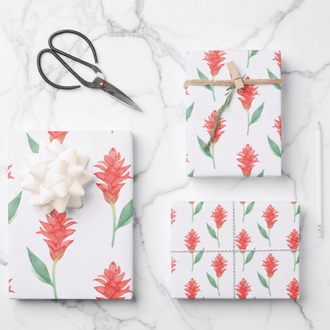 Feuille De Papier Cadeau Hawaii Print fleur de gingembre rouge (Recto)